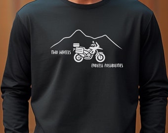 Camiseta de manga larga para motociclistas de aventura "Dos ruedas para infinitas posibilidades" - Regalo ideal para amantes de la aventura al aire libre y la vida todoterreno.