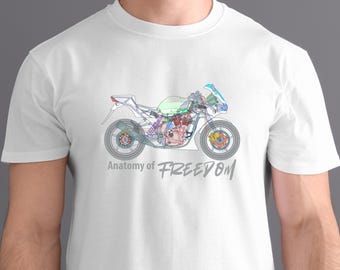 Sportbike Motorcycle Schematic Biker Shirt 'Anatomy of Freedom' Motorcycle blueprint Biker Rally Tee Gift for Him Track Day outfit