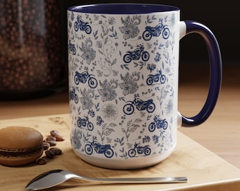French Toile Ceramic Mug Biker Coffee Cup Gift for Her Feminine ADV Rider Gift Dirt Biker Floral Mug Motocross Tea Mug with Personality