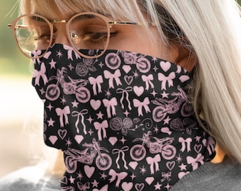 Coquette Lightweight Neck Gaiter Motorcycle Scarf Gift for ADV Rider Bow and Heart Lady Adventure Biker Gear Off Road Dust Protection