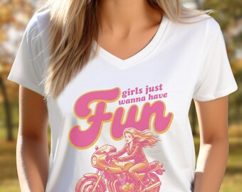 Girls Just Wanna Have Fun biker chick motorcycle tee | retro lady rider