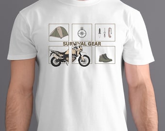 ADV Motorcycle Rider 'Survival Gear' Tee Free Spirit Adventure Riding MotoCamping T-Shirt Biker Rally Gift for Him