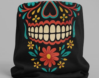 Day of the Dead Skull & Flowers Motorcycle Rider Neck Gaiter Biker Scarf Adventure Rider Balaclava