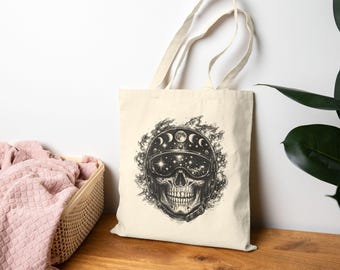 Mystic Biker Skull Astrology Motorcycle Rider Tote Bag | Moon Phases