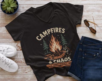 Camping 'Campfires & Chaos' Tee Funny Ladies Camping Shirt Outdoor Adventure T-Shirt Nature Lover Gift Hiking Apparel Gift for Her