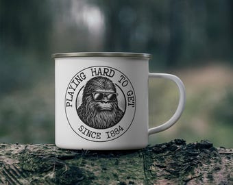 Bigfoot with Sunglasses Enamel Camping Mug | Playing Hard to Get Since 1884