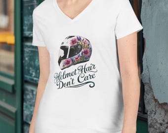 V-neck Helmet Hair Don't Care Women's Motorcycle watercolor floral Biker Chick Tee Motorbike Lover Shirt feminine Gift for Her