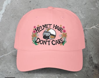 Classic 'Helmet Hair Don't Care' Ladies Biker Ballcap Fun Biker Chick Hat Off Bike Rider Hat to Cover Wind Blown Biker Hair Gift for Her