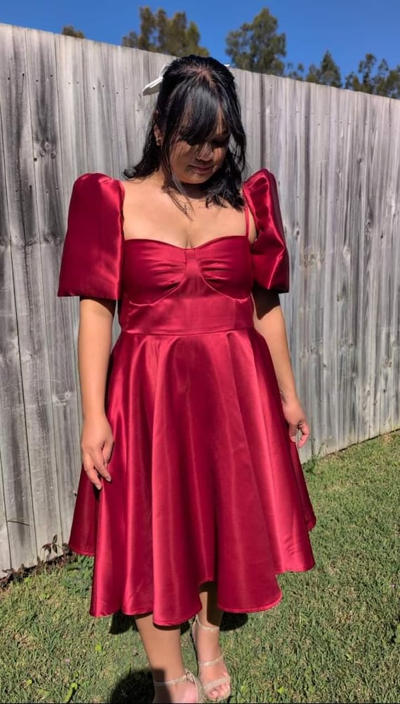 knee length dresses for ladies Love' Midi Filipiniana Dress (Rose Red) – Mestiza Filipina main image 1