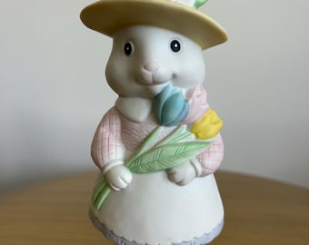 Vintage Bunny Figurine – Lady Rabbit with Tulips and Floral Hat | Pastel Spring & Easter Decor