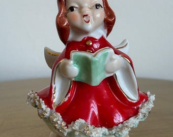 Vintage Japan Christmas Angel Figurine – Mid Century Red Dress Spaghetti Trim Angel – 1950s Ceramic Holiday Decor – Kitsch Retro Christmas