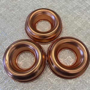 Vintage Mini Aluminum Ring Molds (Set of 3) | Mid-Century Gelatin or Baking Molds | Retro Kitchen Decor, Copper Colored Molds