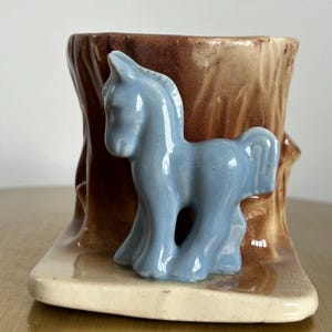 Vintage Morton Pottery Pony Planter, 1950s Blue Horse Tree Stump Planter, Mid Century Nursery Decor, Succulent Planter, Farmhouse Vase