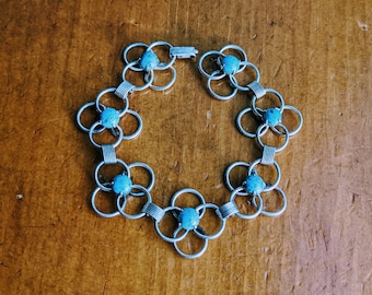 Vintage Flower Link Sterling Silver and Turquoise Art Glass Bracelet
