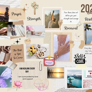 May include: A collage of images with inspirational quotes and phrases about healing, self-care, and resilience. The images include a sunset, a woman meditating, a person doing yoga, a book, a candle, a heart, and a cross. The text includes phrases like "The best is yet to come", "I am healing every day", "Self-care", "Don't give up", and "Good health".