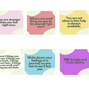 May include: Six colorful cards with positive affirmations and self-care tips. The cards include phrases like "You are stronger than you feel right now" and "What is one small thing you can do for yourself right now?" One card features the 988 Suicide and Crisis Lifeline number.