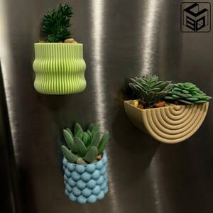 May include: Three small potted plants with different colored planters are attached to a silver refrigerator. The planters are green, brown, and blue. The plants are succulents.