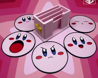 Kirby Coaster Set | 3D Printed Kirby Expressions with Warp Star Holder | Cute Kawaii Desk Decor | Gift for Gamers & Star Hero Fans