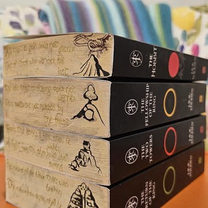 May include: A stack of four books from the Lord of the Rings series. The books have black spines with titles and colored circles. The top of each book has a wood-grain design with handwritten text and illustrations.