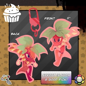 May include: A set of colorful stickers featuring a cartoon character with a strawberry-like design. The character has a red body, green leaves, and a striped scarf. The stickers are approximately 5 cm in height. The text "Sprout is such a good pick!" is also included.