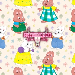 Puede incluir: Patrón sin costuras con conejos de dibujos animados con varios atuendos, incluyendo petos y vestidos. Los conejos son de color rosa, azul, verde y amarillo, sobre un fondo beige claro con flores pastel. El texto "A PERSON" es visible.