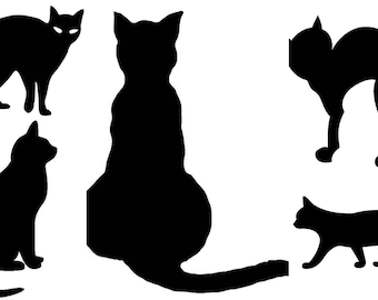 Puede incluir: Siluetas de cinco gatos negros en varias poses. Los gatos están todos mirando hacia adelante, con sus colas enroscadas detrás de ellos. Los gatos están todos en un estilo simple y minimalista.