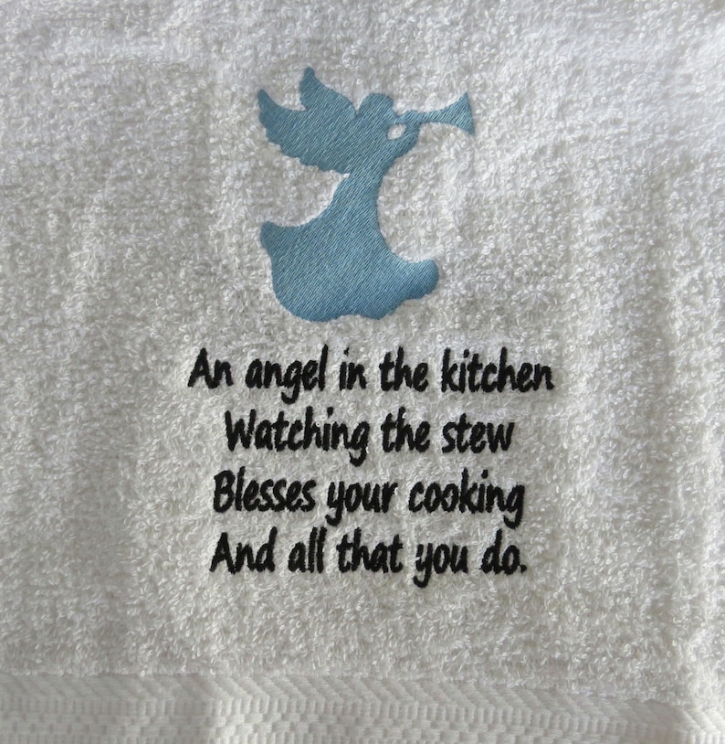 Angel With Trumpet Kitchen Towel Saying Embroidery Design Etsy