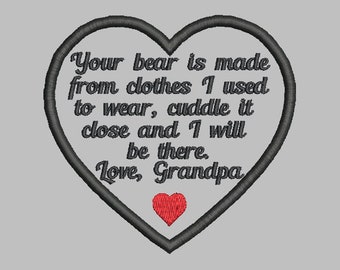 3.5" Heart Memory Patch Applique-Your Bear Made Clothes Grandpa - Pes Jef Sew Hus Vip Exp XXX Dst-Instant Download Instructions to Make Them