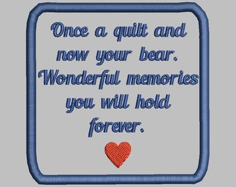 Once Quilt Now Bear Memories Forever- 3.5" Square Memory Patch Applique-PES JEF XXX Sew Hus Vip Vp3 Exp Dst-Instant Download Instructions