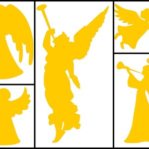 May include: Set of five yellow angel silhouettes, each with wings and a halo. The angels are in various poses, including playing a trumpet and holding a horn.