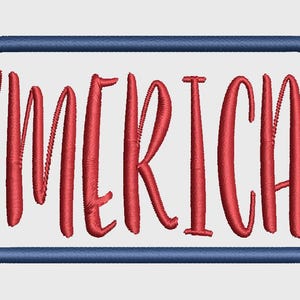 May include: Embroidered patch with the word "MERICA" in red, stylized script. The patch has a blue border and a white background. This patch is suitable for clothing, bags, or other fabric items.