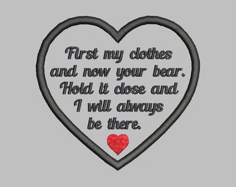 3.5" Heart Memory Patch Applique-First My Clothes Now Bear - Pes Jef Sew Hus Vip Exp XXX Dst Vp3 - Instant Download with Instructions