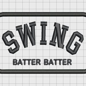 May include: Black embroidered patch with the word "SWING" arched across the top, and "BATTER BATTER" below. The text is in a bold, blocky font, and the patch has a black border.