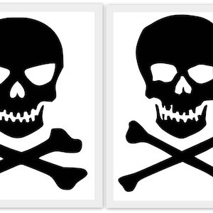 May include: Two black and white skull and crossbones images. The skull is a simple silhouette with two eye sockets and a mouth. The crossbones are simple, with no detail.