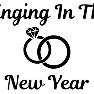 Pode incluir: Design gráfico preto e branco com o texto "Ringing In The New Year" e duas alianças entrelaçadas com um diamante no topo.