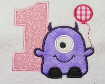 One Eye Monster 1st Birthday Balloon Embroidery Applique Design - 2 Sizes - Custom Sayings Welcome