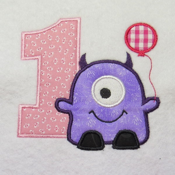 One Eye Monster 1st Birthday Balloon Embroidery Applique Design - 2 Sizes - Custom Sayings Welcome