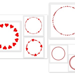 May include: Five different red frame designs with white backgrounds. The frames are made of hearts, dots, and arrows.