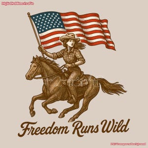 Vaquera montando a caballo con sublimación de bandera estadounidense, diseño DTG "Freedom Runs Wild" para camiseta del 4 de julio, descarga digital PNG del oeste de EE. UU.