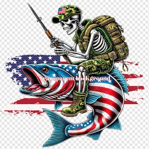 Vaterländischer Soldat Skelettfischen Sublimation PNG, USA Flagge Bass Design mit transparentem Hintergrund, perfekt für T-Shirts, digitaler Download