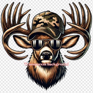 Sublimación de ciervo macho genial / Ciervo elegante con diseño de sombrero y gafas de sol de camuflaje / Fondo transparente / Perfecto para camisetas / Digital