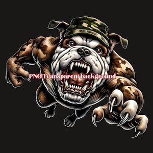 Aggressive Bulldog in Military Camo Sublimation Design,mLeaping Bulldog, Bulldog mascot png, Bulldog School logo, Scary Bulldog PNG Digital.