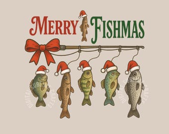 Merry Fishmas PNG: Christmas Santa Fishing Sublimation T-shirt Design (Digital Download)