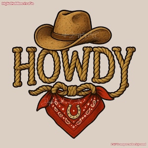 Bonjour Cowboy chapeau corde sublimation western png Design pour T-shirt, style country vintage Far West Bandana fer à cheval, téléchargement numérique