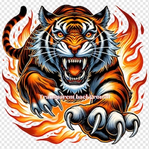 Sublimation d'attaque de tigre enflammée PNG | Tigre féroce en flammes avec un arrière-plan transparent | Idéal pour les t-shirts | Téléchargement numérique