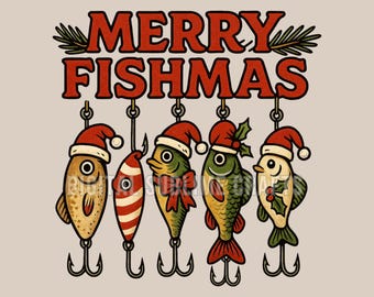 May include: A digital illustration featuring five fish-shaped fishing lures hanging from hooks. Each lure is adorned with a red Santa hat. The text "MERRY FISHMAS" is displayed above the lures in red letters.