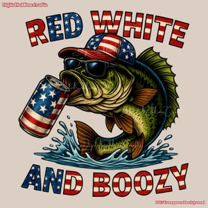 Diseño patriótico de lata de cerveza con diseño de pez lubina rojo, blanco y alcohólico para sublimación y DTG - Descarga digital de pesca del 4 de julio