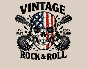 Vintage Rock & Roll Skull USA Flag PNG, Guitar Sublimation T-shirt design (Digital Download)