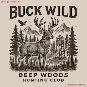 Buck Wild Deer Jagdverein Sublimation, Vintage Deer Hunter png, Deep Woods Forest Buck Design, Tiefwaldwaldszene, Wildtier in den Bergen