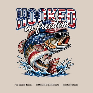 Könnte beinhalten: Grafische Illustration eines Fisches mit Sonnenbrille und Baseballkappe im Design der amerikanischen Flagge. Der Fisch springt aus dem Wasser, mit den Worten "HOOKED on freedom" darüber.